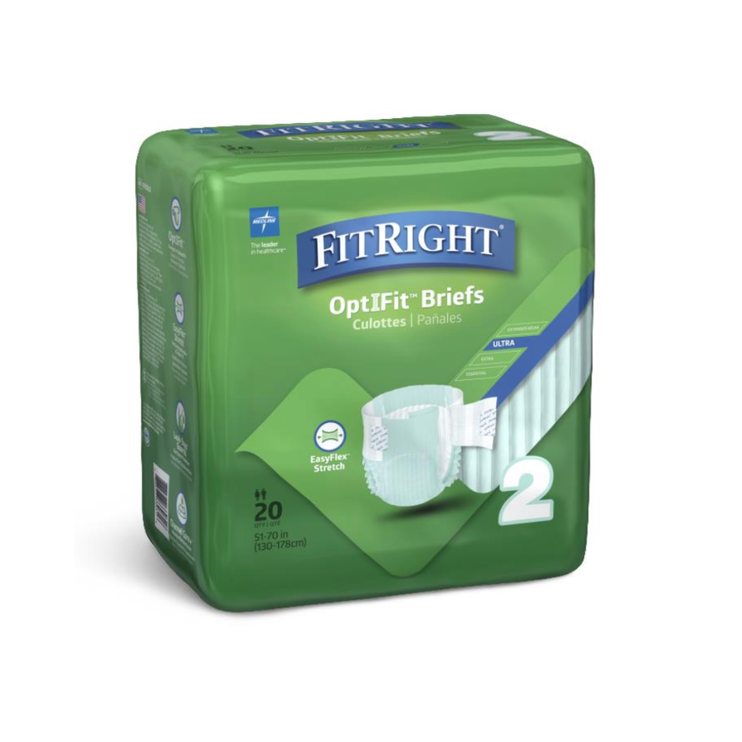 A green package of FitRight Stretch Ultra Incontinence Briefs with Center Tab, sized for hip measurements 51-70 inches (130-178 cm), offers EasyFlex Stretch and superior absorbency. It contains 20 briefs with a number 2 on the front to indicate size or level.